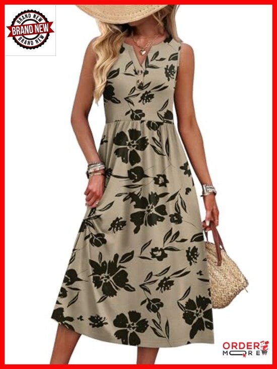 Dresses & Skirts - V Neck Button Up Midi Dress with Pockets and Side Slit
